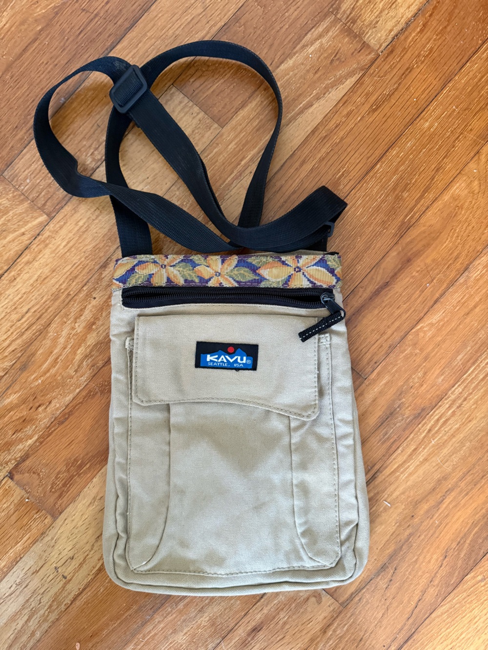 Kavu Tan Crossbody Bag with Patterned Trim and Black Strap